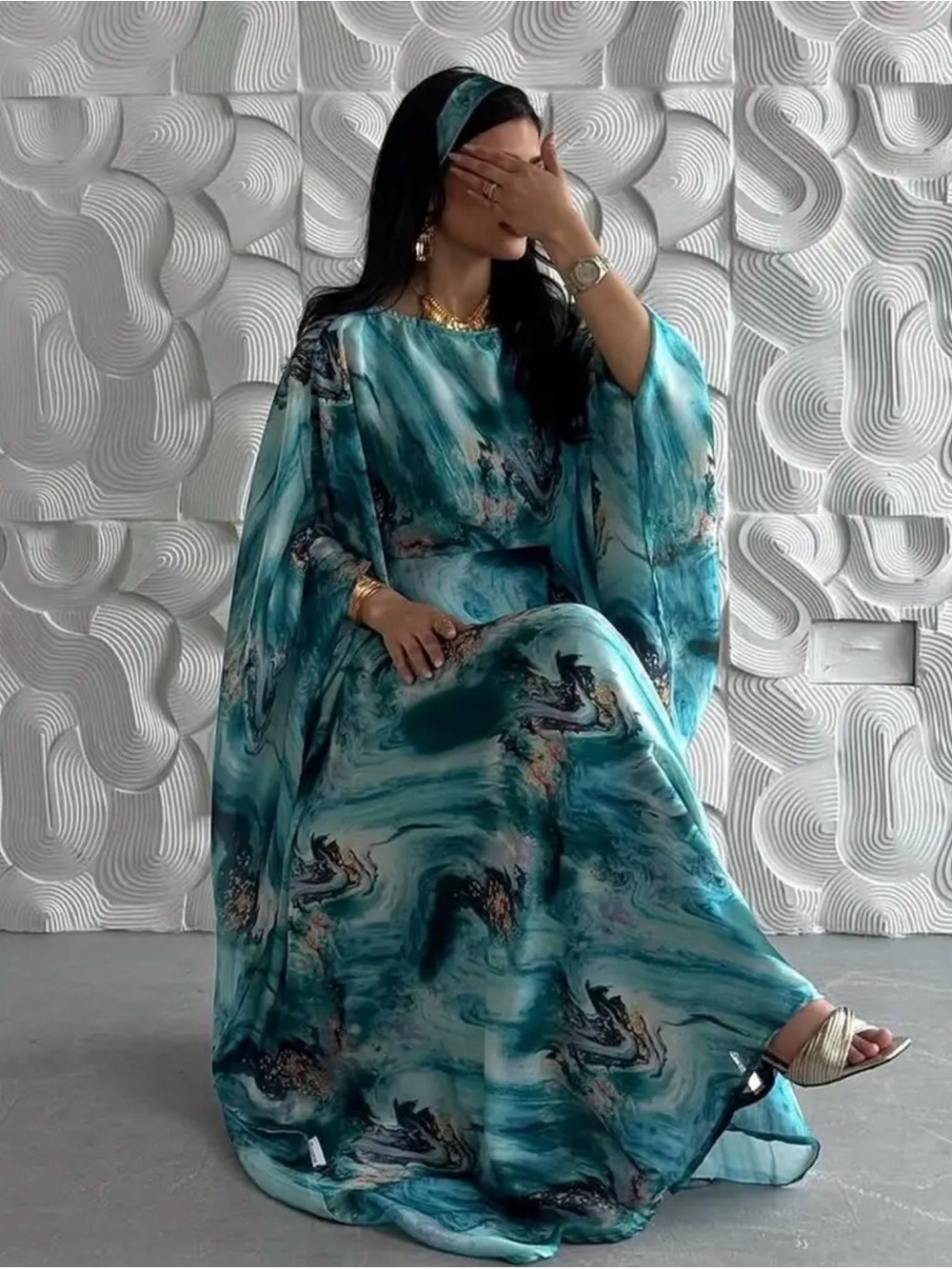 Salwar Kameez Teal Marble Maxi Dress with Headband